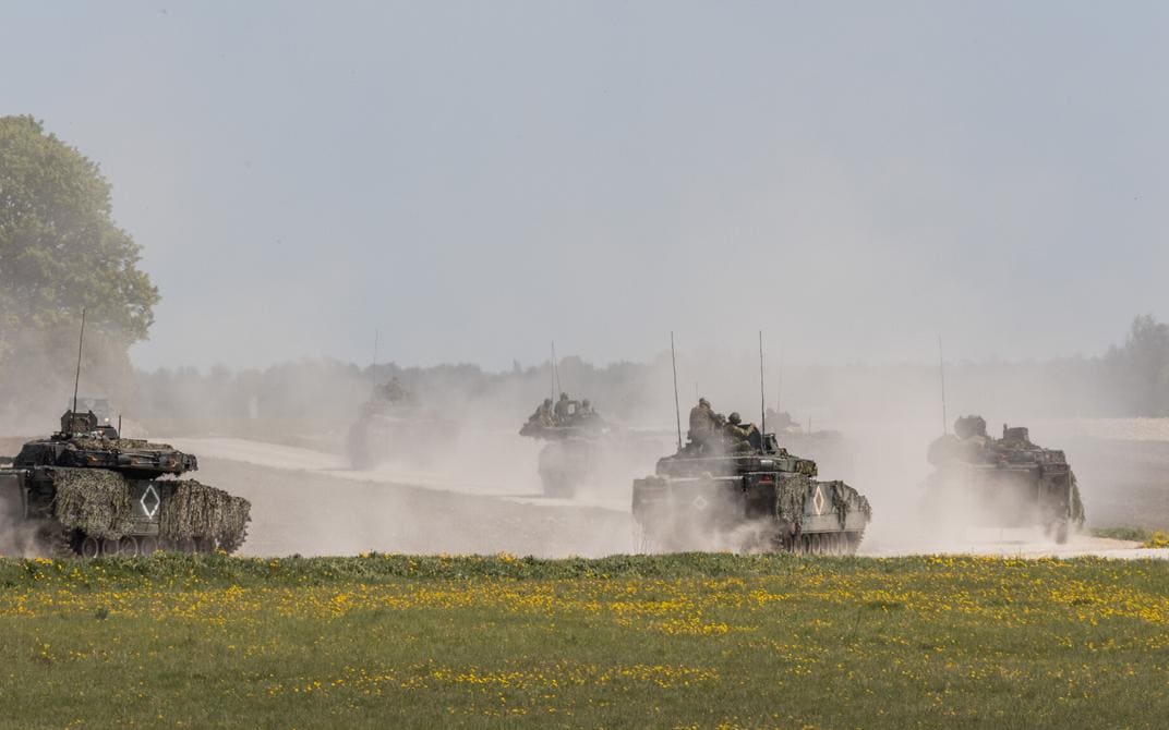 Allied armored vehicles during the Spring Storm 2026 exercises in southern Estonia. Photo credits: Estonian Defense Forces