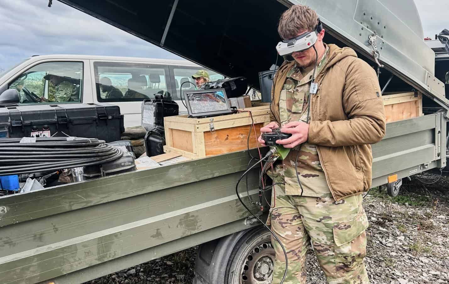 A Ukrainian drone pilot flies an FPV drone during military exercises on Gotland Island, Sweden, on Sunday, May 10, 2026. (AP / Emma Burrows)
