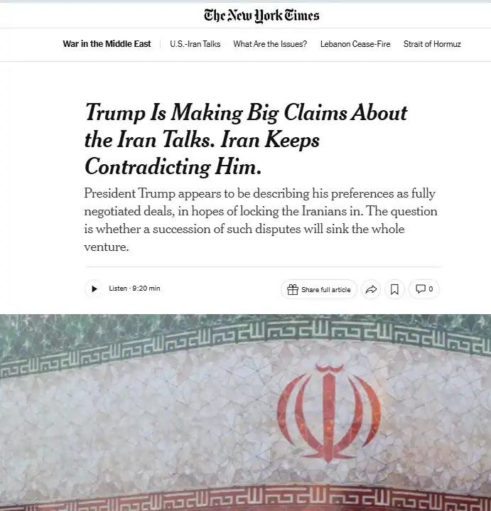 Публікація The New York Times від 24.06.2026.  Trump Is Making Big Claims About the Iran Talks. Iran Keeps Contradicting Him..  Скріншот.