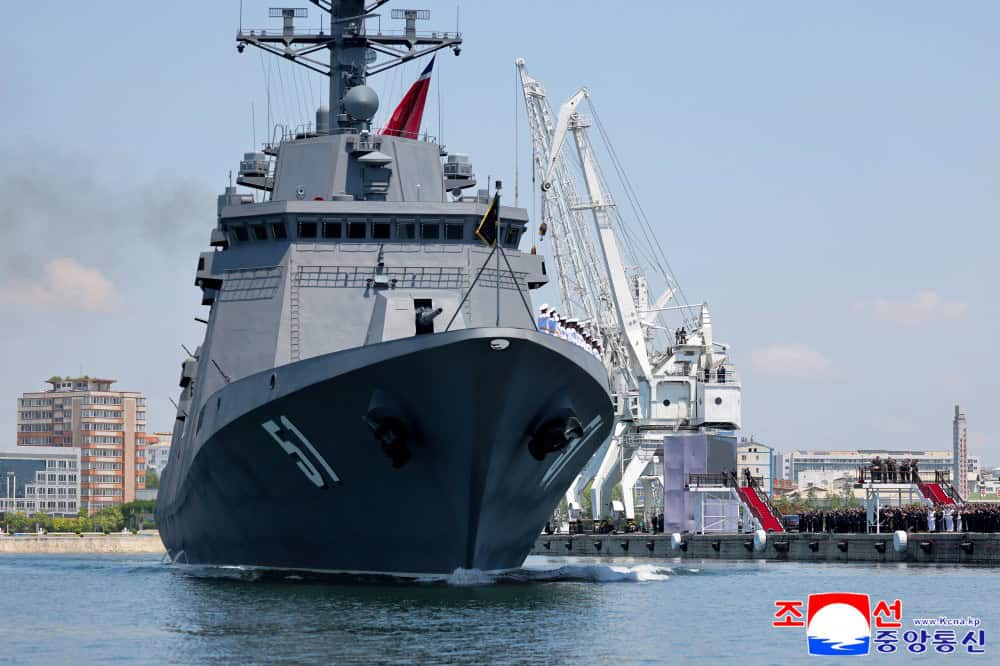 The flag-raising ceremony and commissioning of the Choe Hyon destroyer into the North Korean Navy in the port of Nampo. Photo credits: KCNA