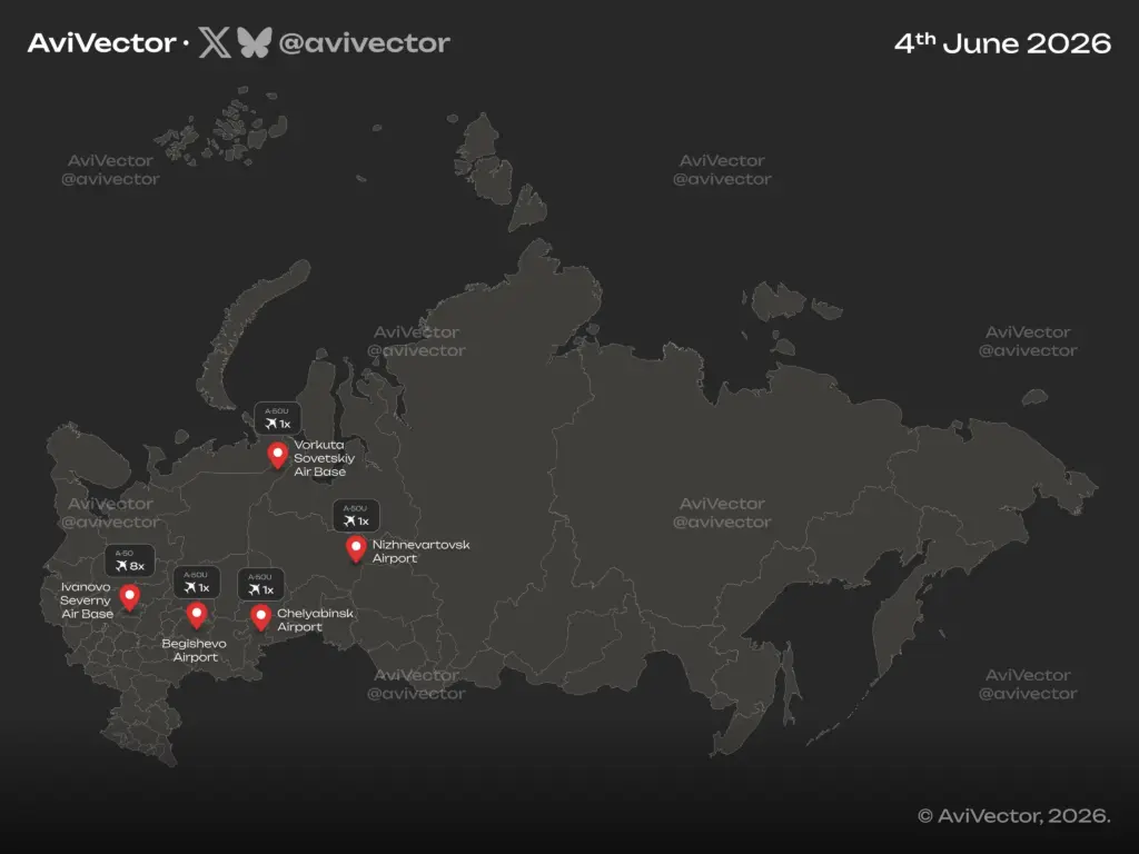 Карта базування літаків ДРЛВ А-50У на території РФ станом на 4 червня 2026 року. Інфографіка AviVector