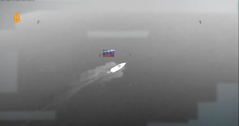 A Russian logistics boat in the crosshairs of a Ukrainian Navy drone. An image from a Ukrainian Navy video.
