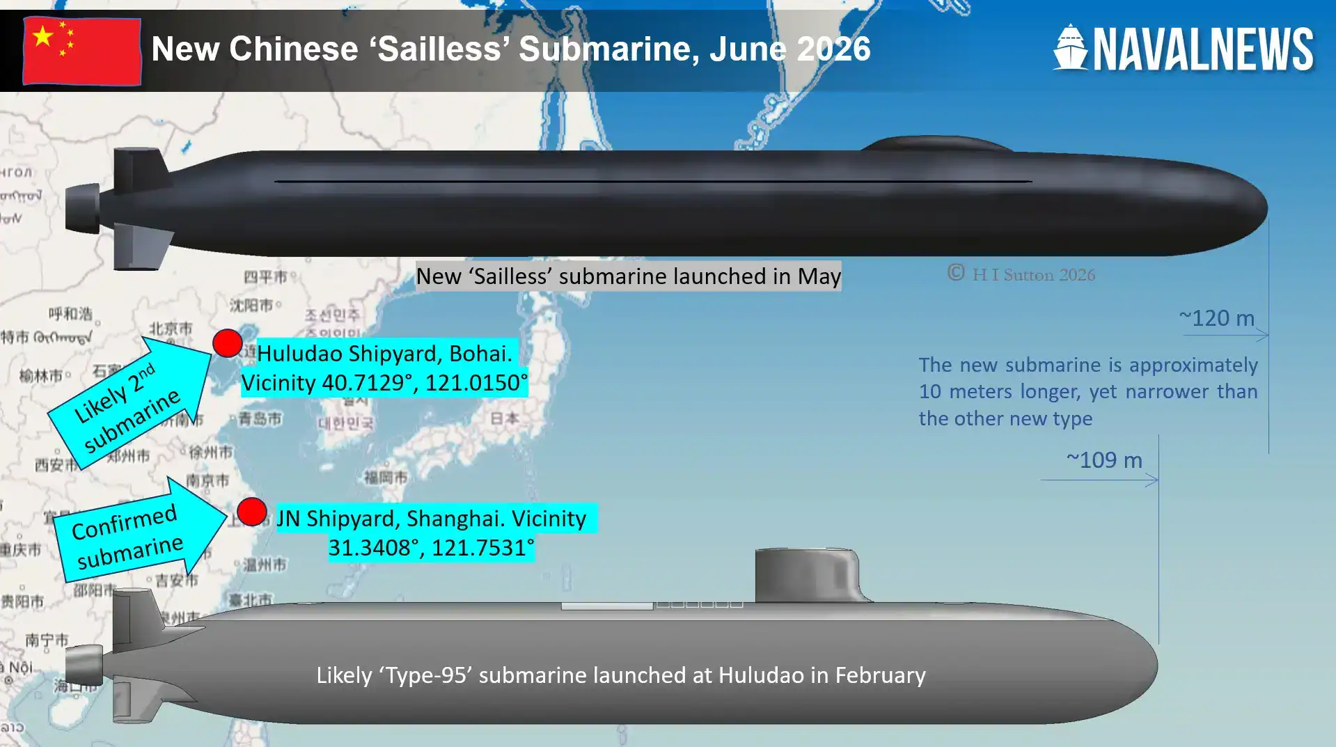 A graphic representation of the new Chinese submarine. Photo credits: H I Sutton/Naval News