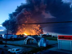 Fire at the Slavyansk-on-Kuban oil refinery following a Ukrainian drone strike on June 28, 2026. Photo credits: Exilenova+