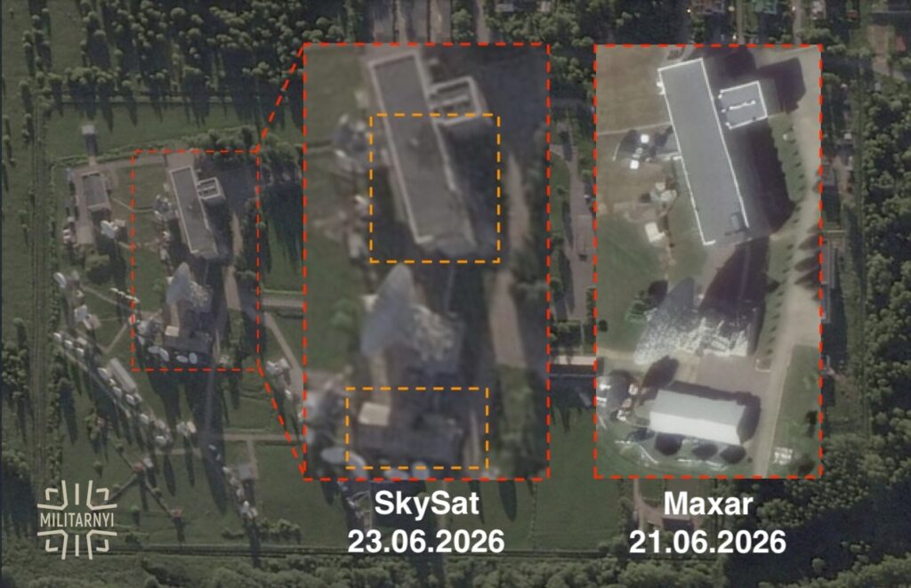 Колаж «Мілітарного» з порівнянням супутникових знімків від Maxar та SkySat цілісності будівель 21 та 23 червня 2026 року.