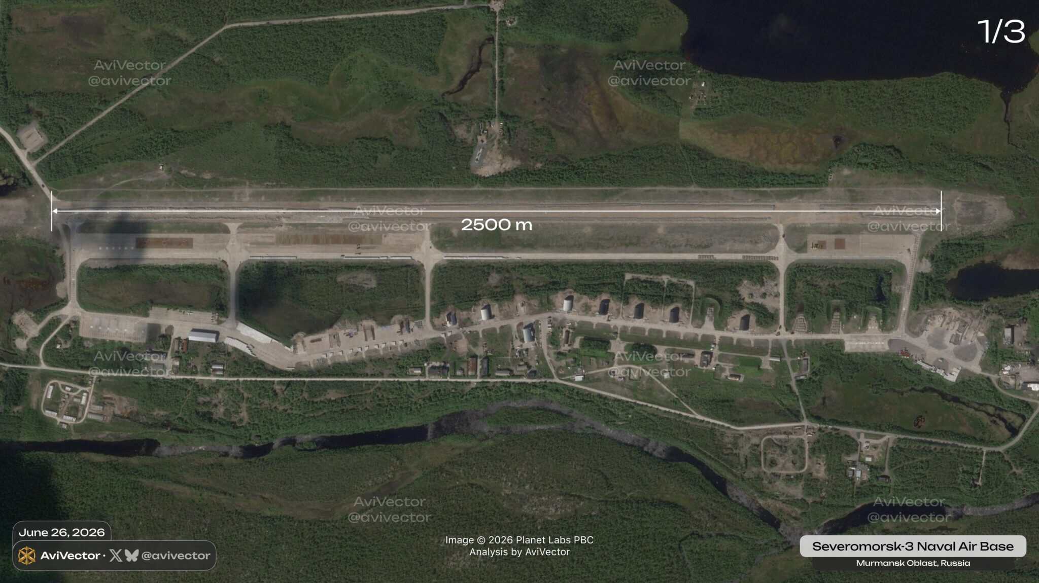 Satellite image of Severomorsk-3 air base, June 26, 2026. Source: AviVector
