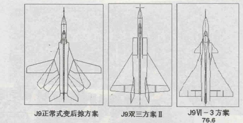 Layout variants of the Chinese J-9 fighter jet, developed in the 1970s. Scan of a document from Institute 611.