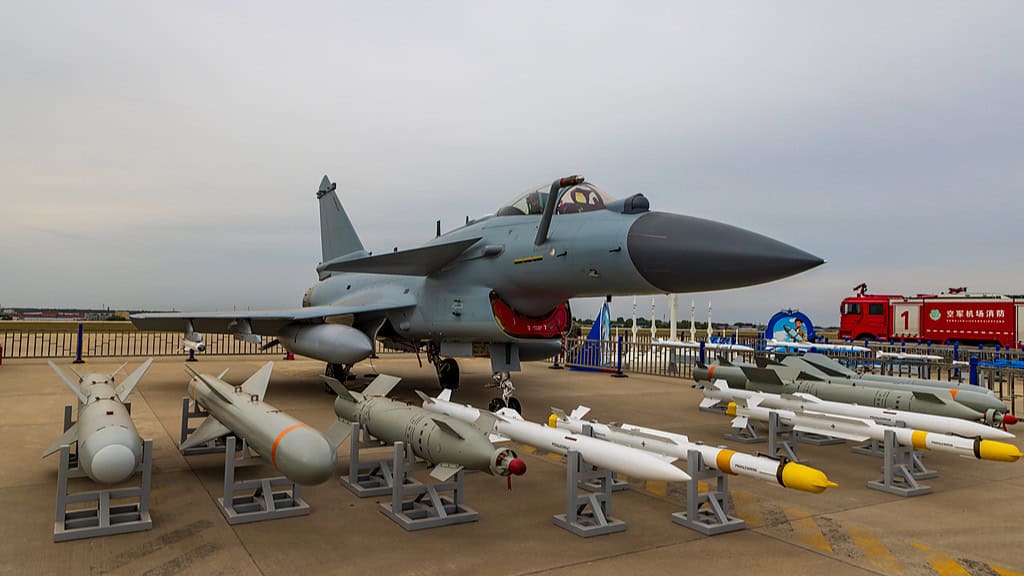 A J-10C fighter jet with the missile armament shown: a PL-10—a short-range air-to-air guided missile with an infrared homing seeker; a long-range PL-15; a KD-88 tactical air-to-surface guided missile; and bombs from the LT/FT family. Photo credits: CCTV.