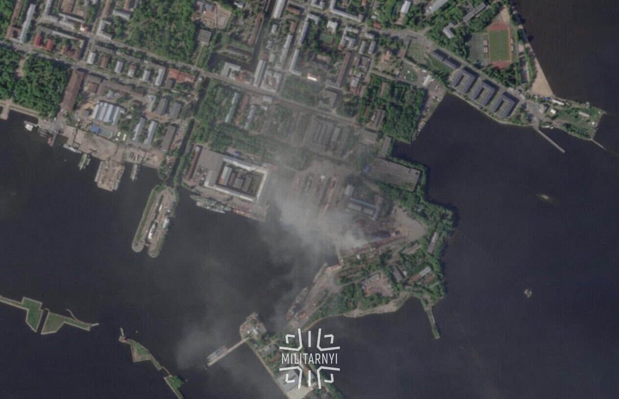 SkySat satellite image obtained by Militarnyi showing the missile corvette Boikiy after the fire. June 3, 2026