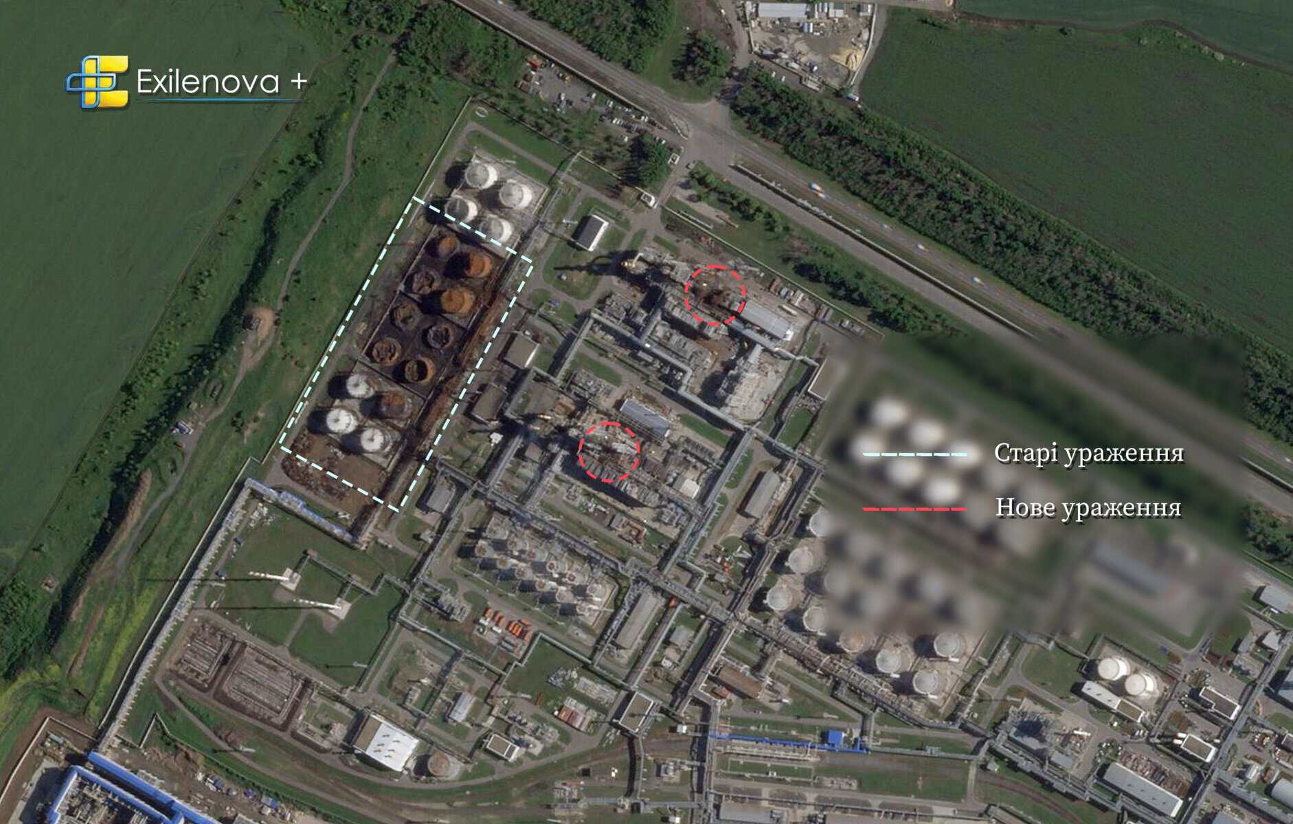 Consequences of the strikes on the Novoshakhtinsk Oil Refinery in the Ryazan region. Early June 2026. Satellite image t.me/exilenova_plus