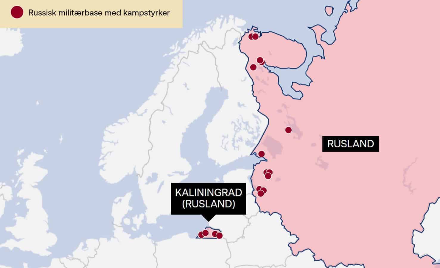 Russian bases near the borders of NATO countries as of June 2026. Source: OpenStreetMap/Sys Abrahamsen
