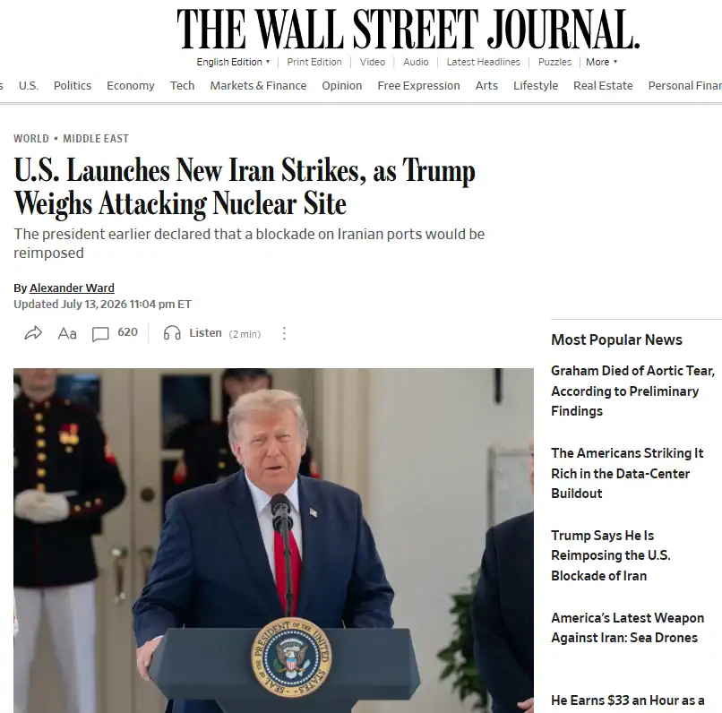 Публікація The Wall Street Journal від 14.07.2026. U.S. Launches New Iran Strikes, as Trump Weighs Attacking Nuclear Site. Скріншот.