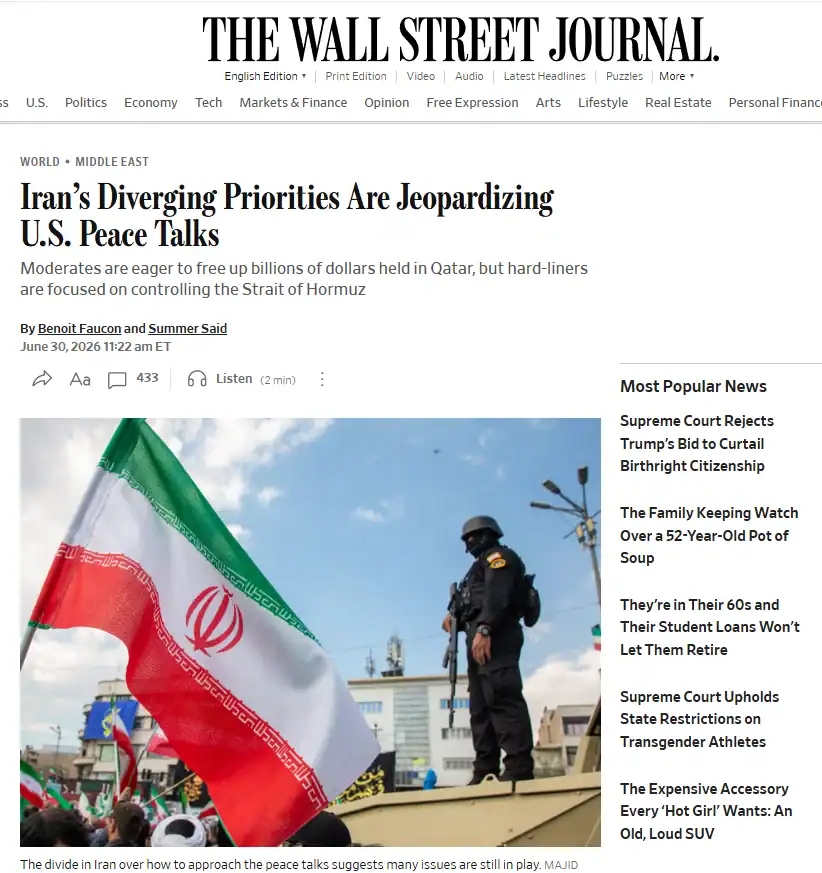 Публікація The Wall Street Journal від 30.06.2026. Iran’s Diverging Priorities Are Jeopardizing U.S. Peace Talks. Скріншот.