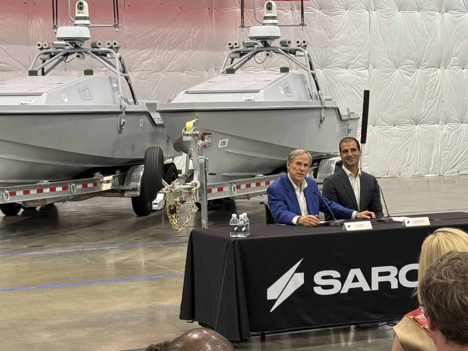 Saronic CEO Dino Mavrookas (right) and Texas Governor Greg Abbott (left) at the Port Alpha project announcement. July 16, 2026. Photo credits: Texas Scorecard