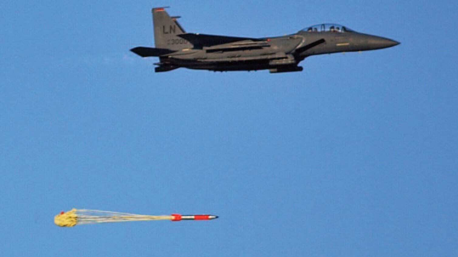 F-15E launches a B61-4 nuclear bomb without a warhead. Photo: Sandia National Laboratories