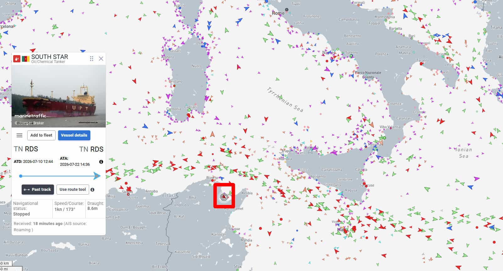 The MV South Star tanker on the map of www.marinetraffic.com