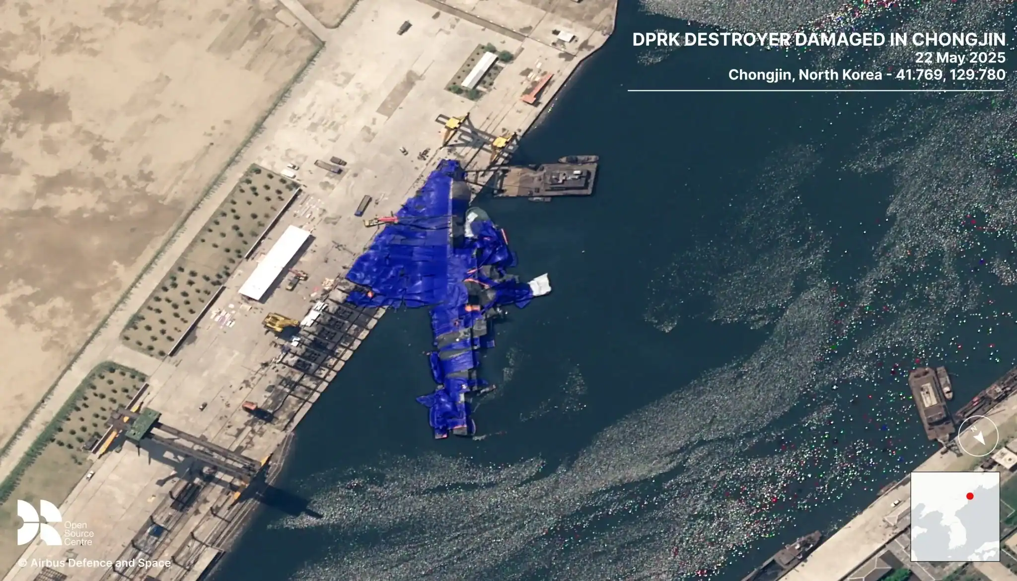 North Korean destroyer that capsized during its launch. May 2025. Photo credits: Open Source Centre/Airbus Space