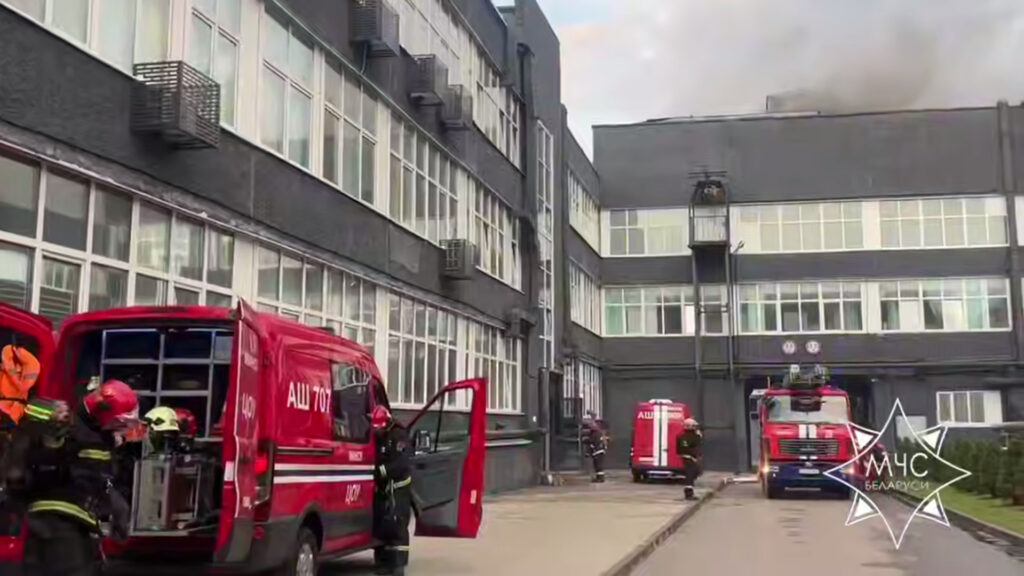 Fire trucks are extinguishing a fire at the Integral plant in Minsk. July 24, 2026. Photo credits: Belarusian Ministry of Emergency Situations