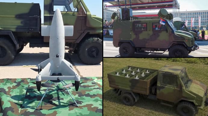 (По годинниковій стрілці) Дрон-перехоплювач Vihor, Zastava NTV Kobac-1PR та Zastava NTV у ролі носія дронів. 2026 рік. Фото: Drone Wars