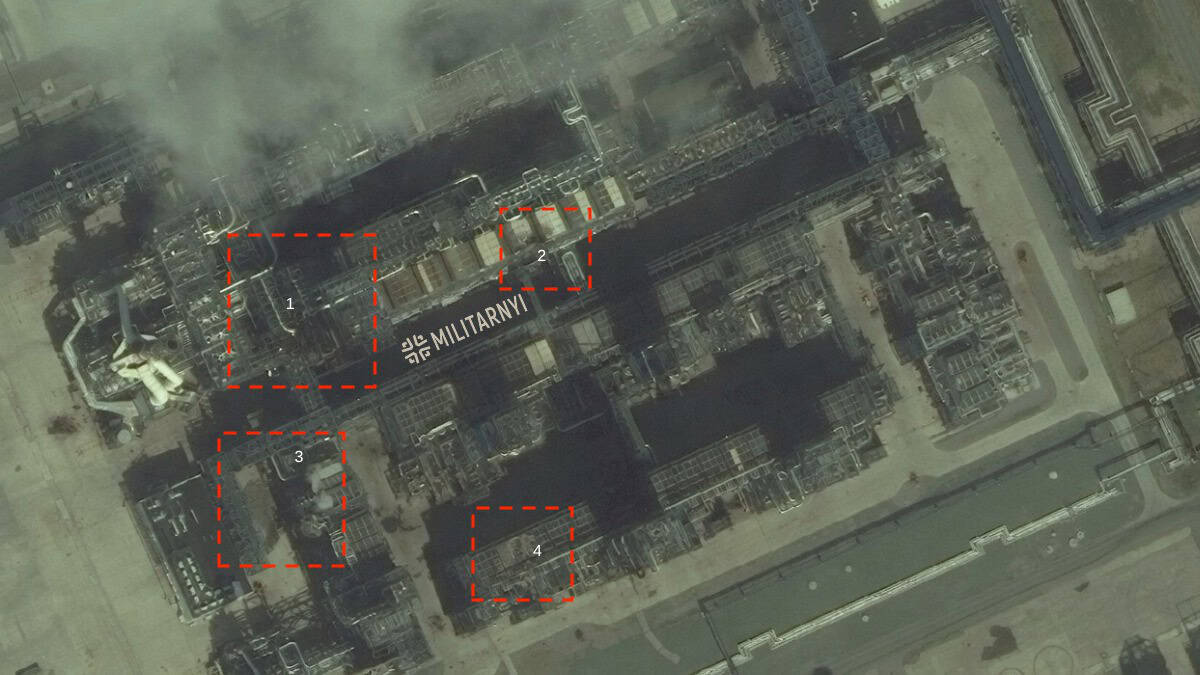 Місця влучання українських ударних дронів FP-1 по НПЗ в Омську