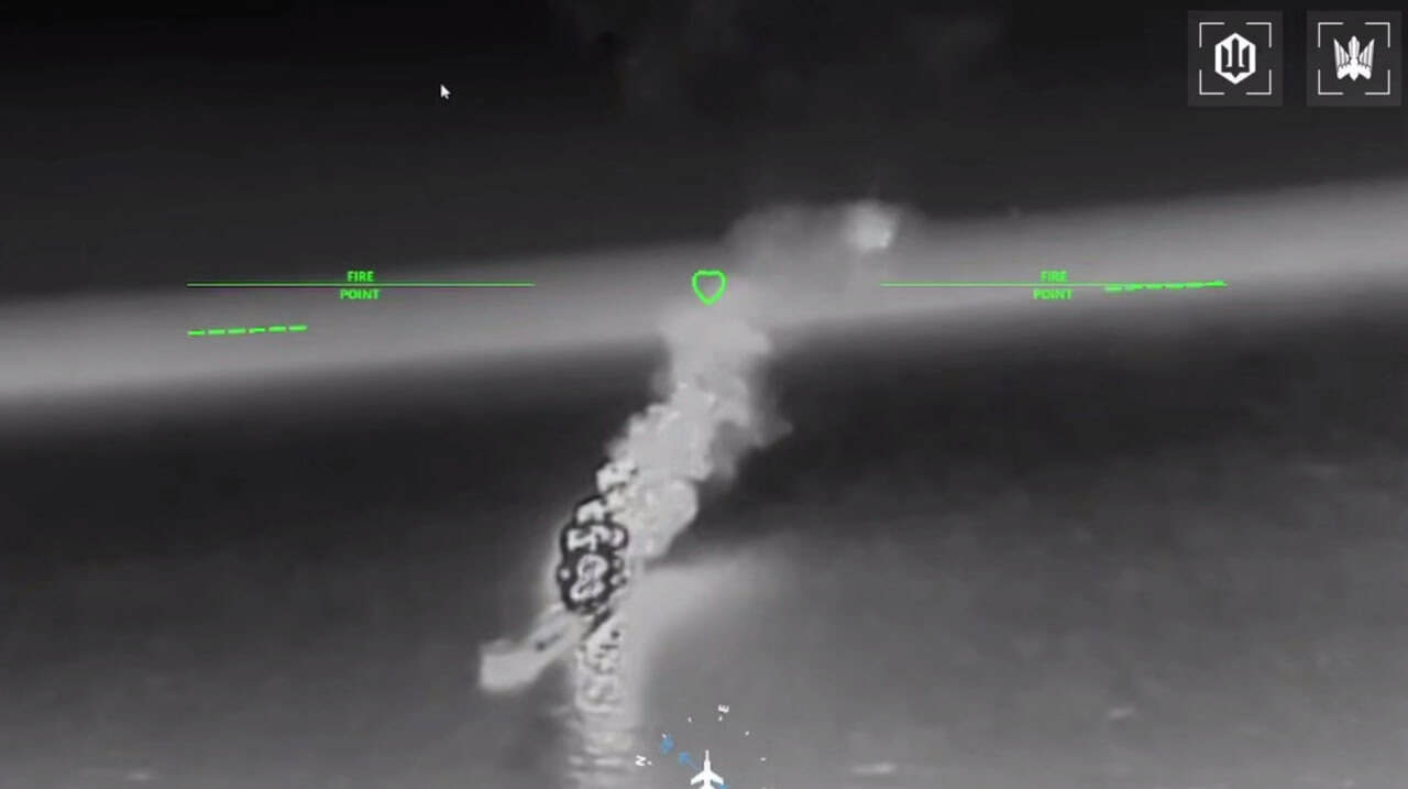 A Russian tanker damaged in the Sea of Azov on July 7, 2026. Screenshot from a video released by Magyar