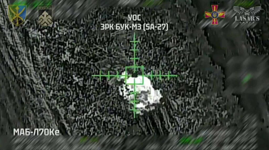 Destruction of a Buk-M3 air defense system. July 4, 2026. Freeze frame from a Lasar’s Group video