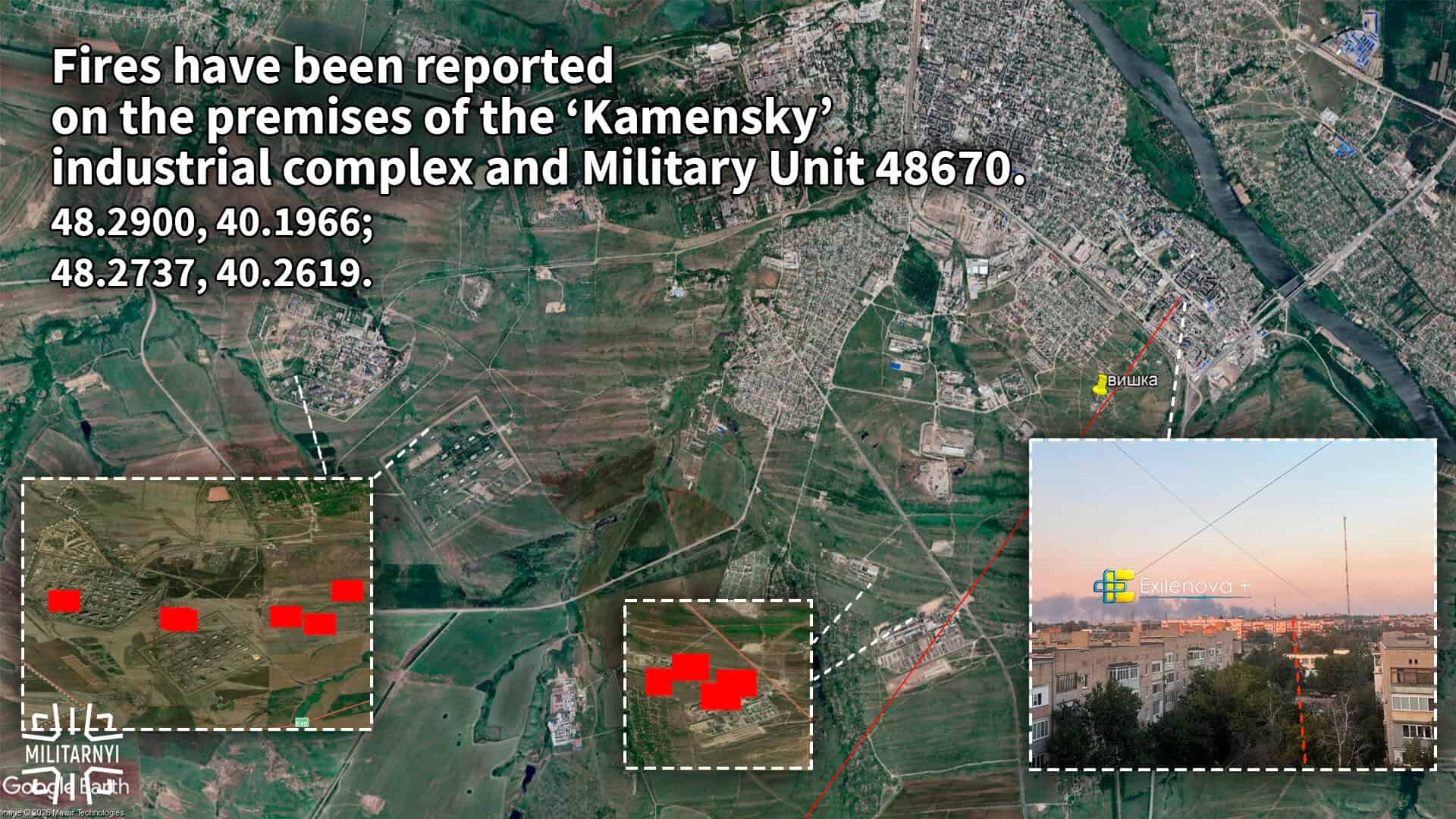 The Kamenksy Combine plant under attack on August 24, 2026. Analysis by Militarnyi. Map: ESRI