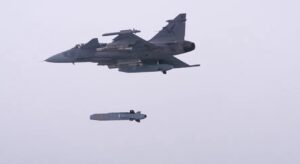 First launch of a Taurus cruise missile from a Gripen C fighter jet of the Swedish Air Force. Freeze frame from a video by the Swedish Air Force