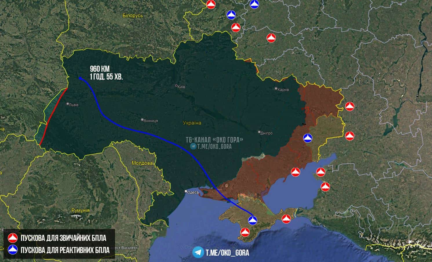 Estimated flight path of the Shahed/Geran UAV. August 28, 2026. Photo credits: OSINT