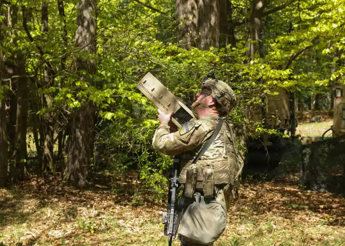 A U.S. infantryman counters a simulated drone attack using electronic warfare during Combined Resolve 2026
