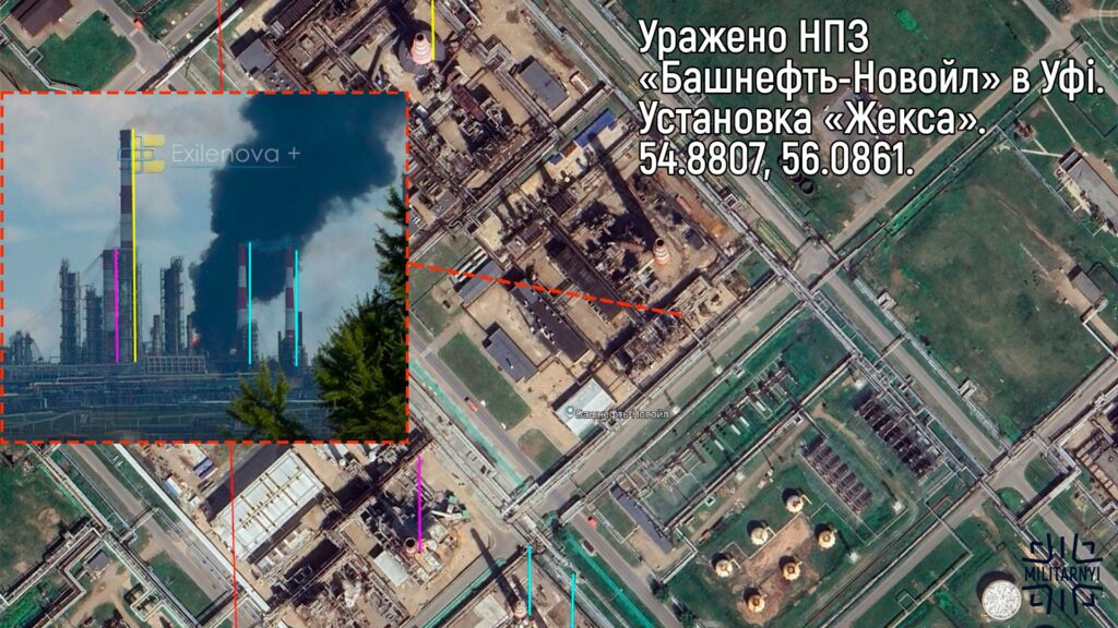 The Bashneft–Novoil oil refinery in Ufa, Russia, after being struck on August 5, 2026. Photo credits: Militarnyi
