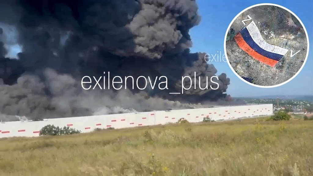 Drones Strike Wildberries Facility in Novosemeykino Near Russian Flag and ZV Symbol