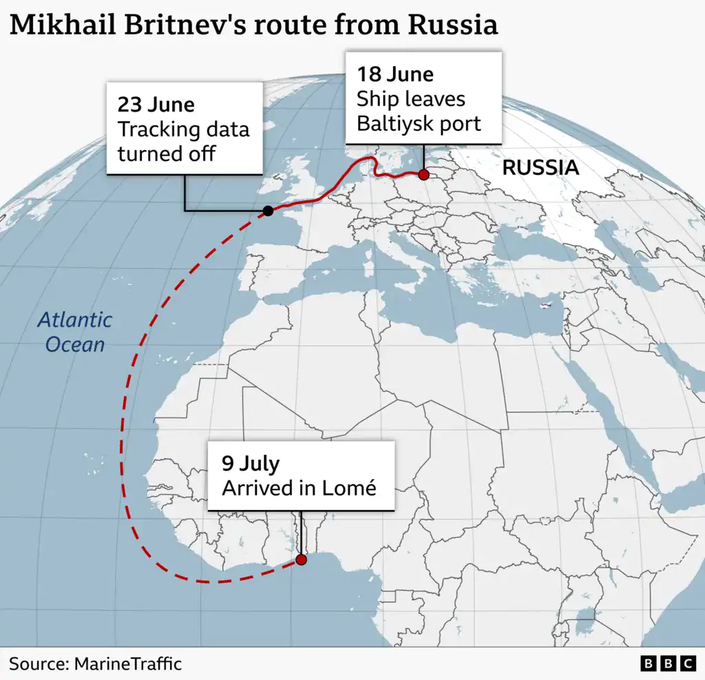 Карта маршруту судна «Михаил Бритнев». Джерело: BBC. 