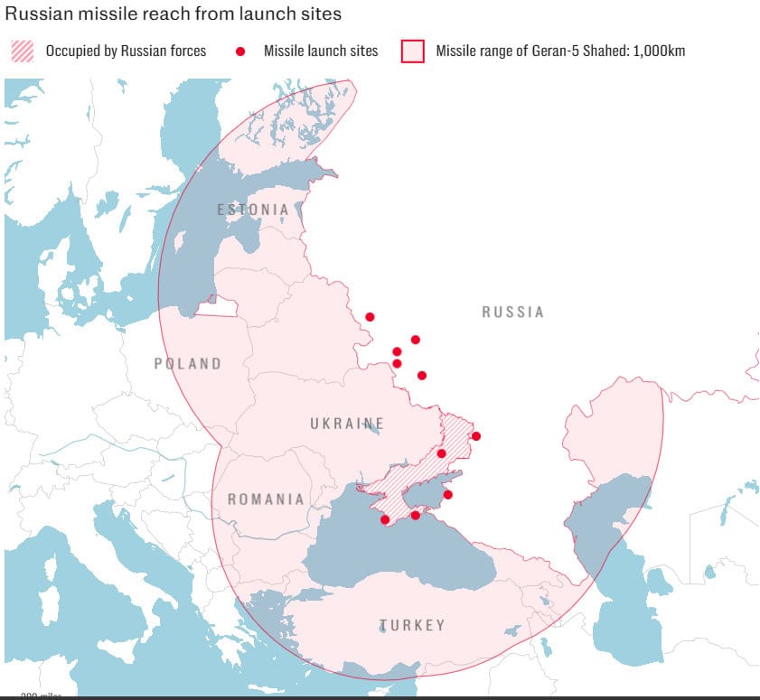 Operational range of Russian drone bases. Source: The Telegraph