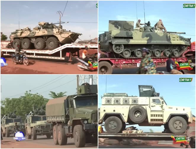 Russian military equipment in Mali: BTR-82A, BMP-3, Tigr armored vehicles, and VP11. July 2026. Source: ORTM1 video screenshot