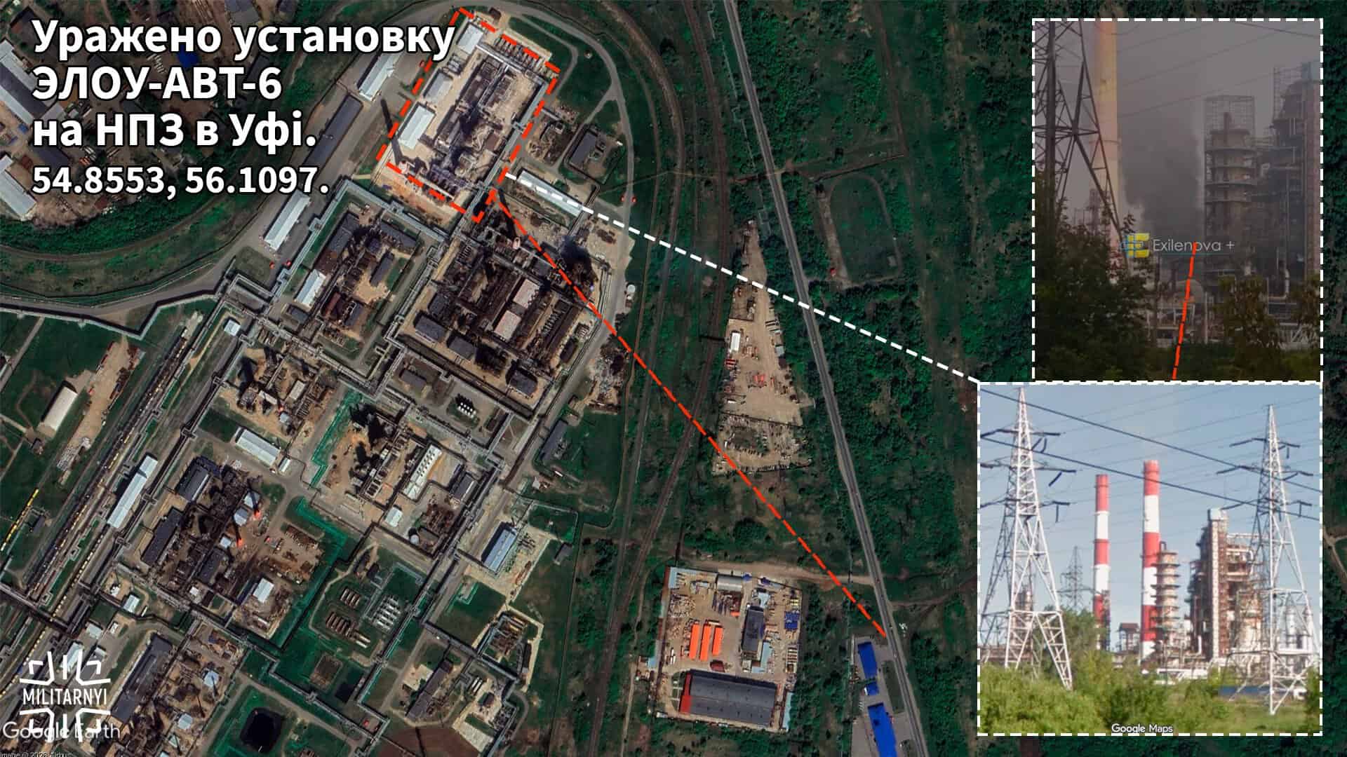 Damage to the ELOU-AVT-6 unit at the Bashneft-UNPZ oil refinery in Ufa, Russia. Aug. 19, 2026. Source: Militarnyi