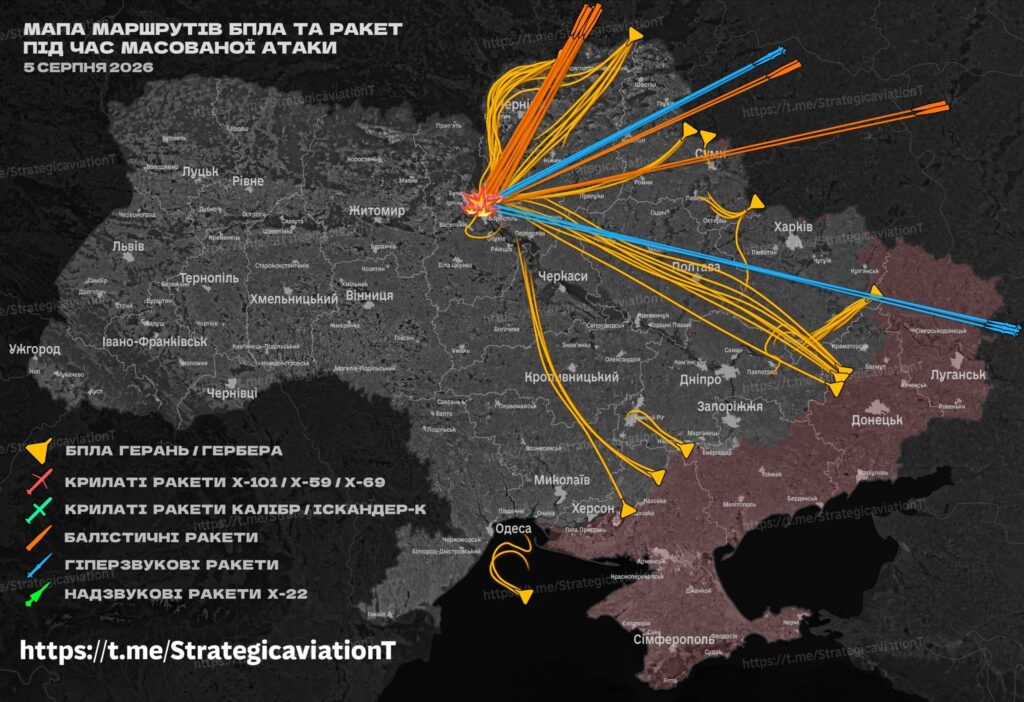Flight paths of UAVs and missiles during the overnight attack on Kyiv on August 5, 2026. Source: t.me/StrategicaviationT