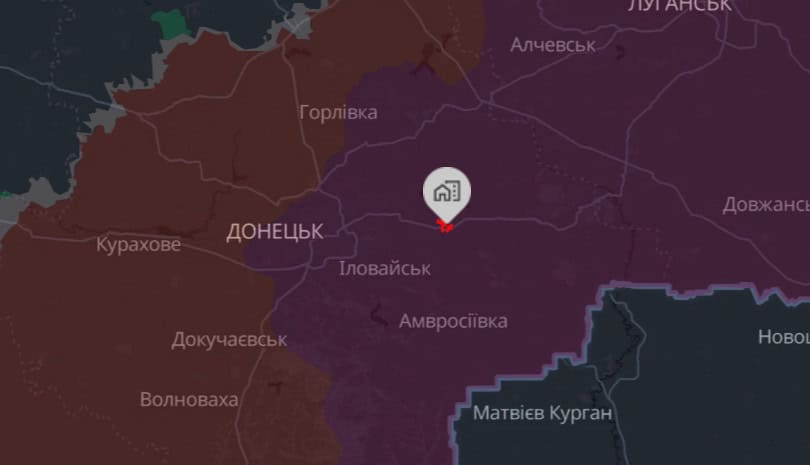 The town of Zuhres in the Donetsk region. July 30, 2026. Map: DeepState
