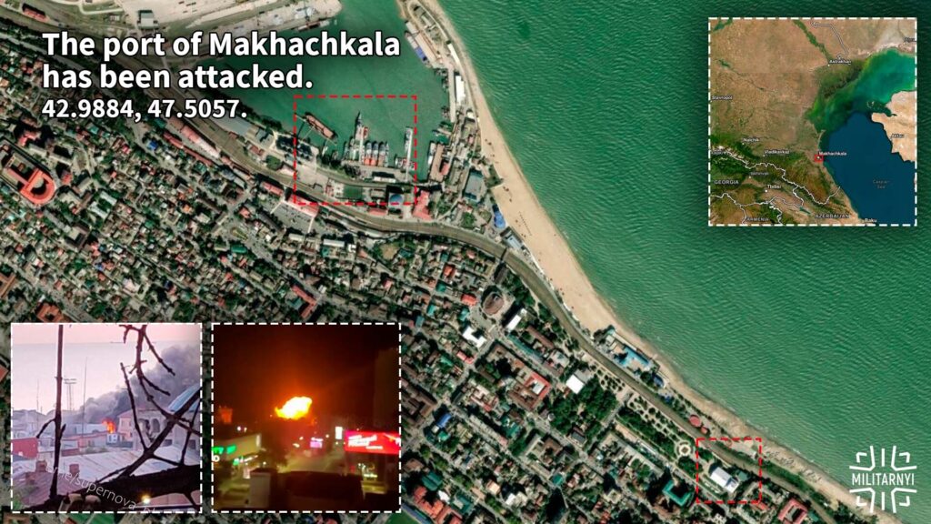 Ukrainian drone attack on the Makhachkala Commercial Seaport, September 10, 2026. Analysis by Militarnyi; map by ESRI