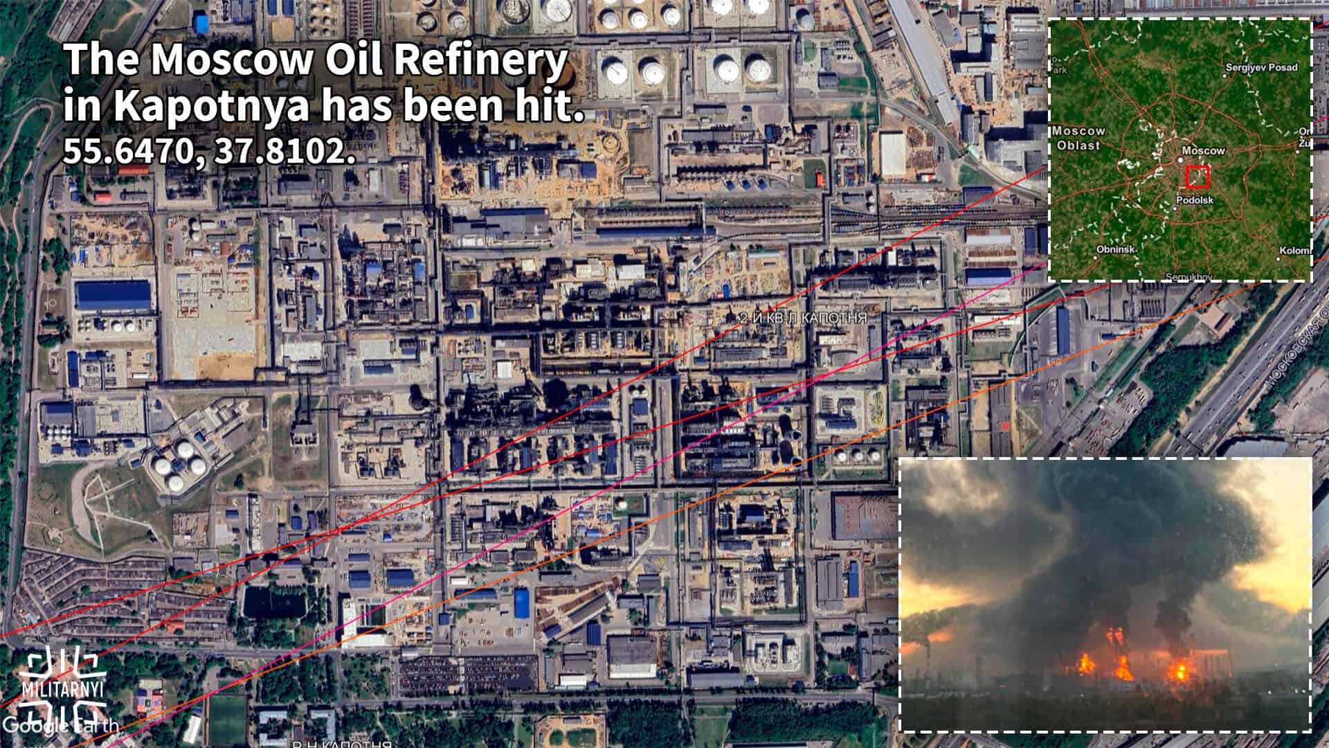 The Moscow Oil Refinery after the Ukrainian drone attack on September 20, 2026. Analysis by Militarnyi, ESRI map. Photo credits: Exilenova+