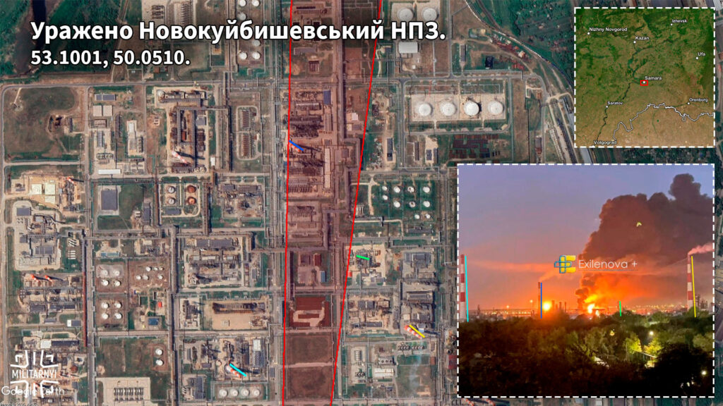Наслідки ураження Куйбишевського нафтопереробного заводу в Самарі після атаки українських дронів. 22 вересня 2026 року. Аналіз «АНТИКОРа», карта ESRI. Фото: Exilenova+