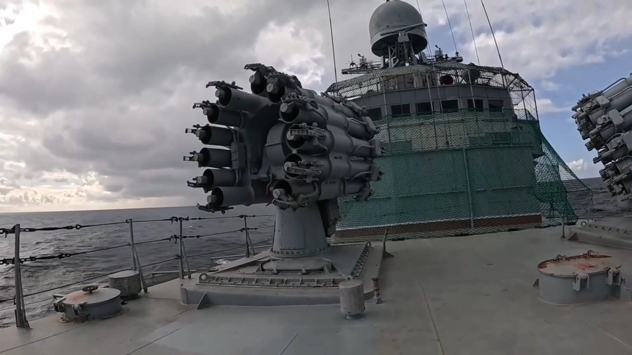 Anti-drone nets on a Russian ship of the Baltic Fleet. Summer 2026. Screenshot from a TASS video