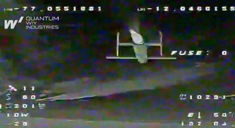 Interception of a Geran-5 missile by a SPYS drone. 2026. Freeze frame from Quantum WIY Industries video