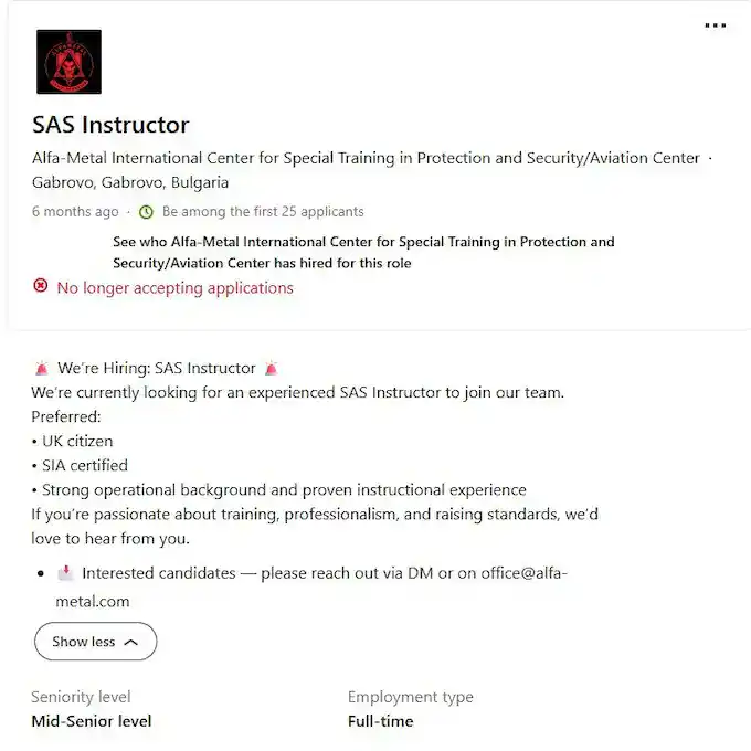 Alfa-Metal attempted to recruit SAS instructors through LinkedIn earlier this year. Screenshot from the social media platform