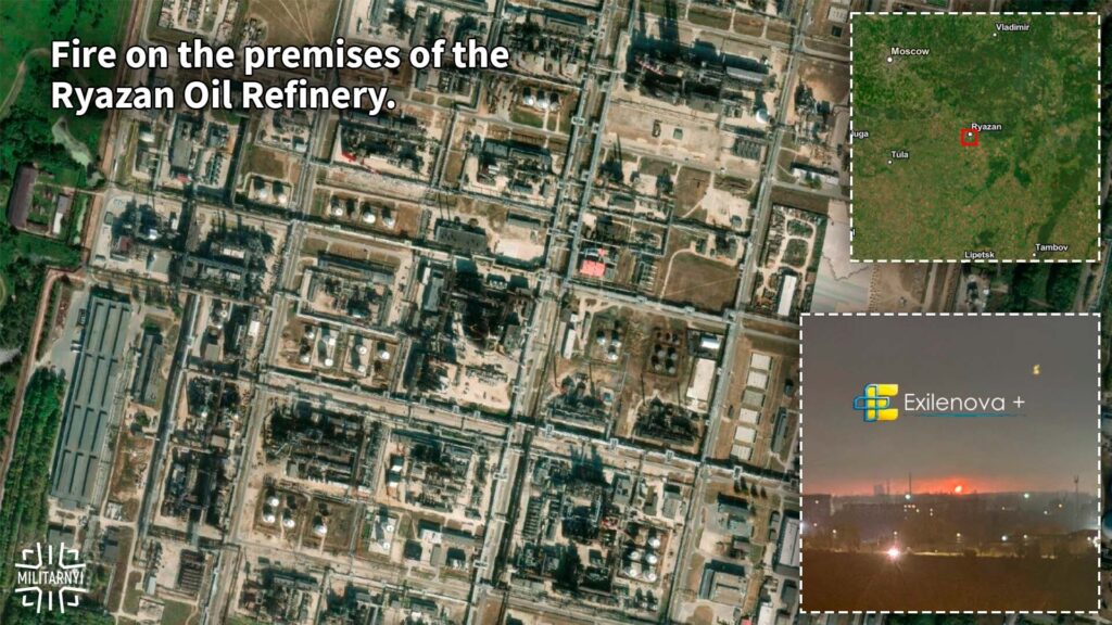 Fire at the Ryazan oil refinery following a Ukrainian drone attack on October 15, 2026. Analysis by Militarny, ESRI map. Photo credits: Exilenova+