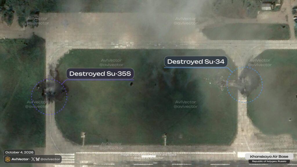 Destroyed Su-35 and Su-34 aircraft after the attack on Khanskaya air base, Republic of Adygea, October 4, 2026. Photo credits: AviaVector
