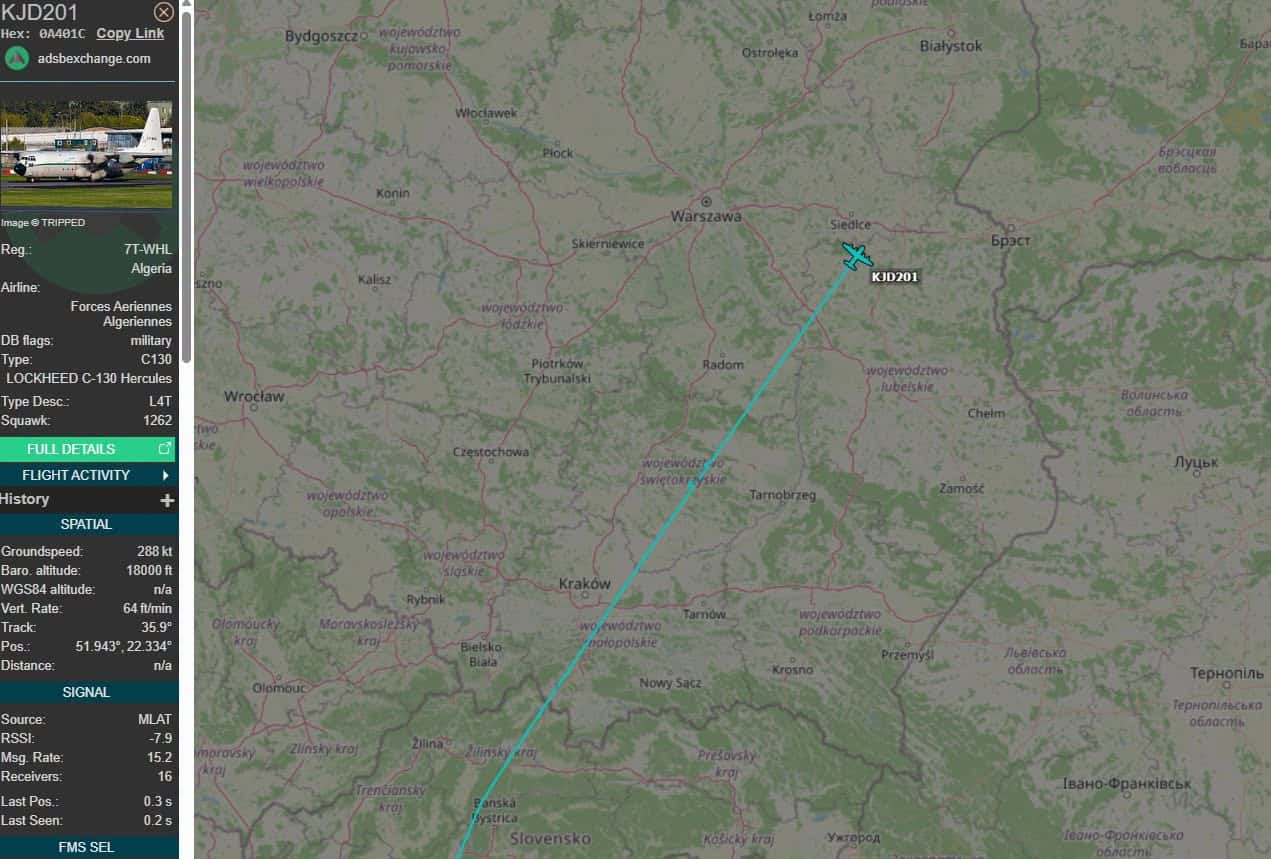 Маршрут польоту алжирського військово-транспортного C-130H-30 Hercules 6 жовтня 2026 року. Джерело: Polish Military Radar
