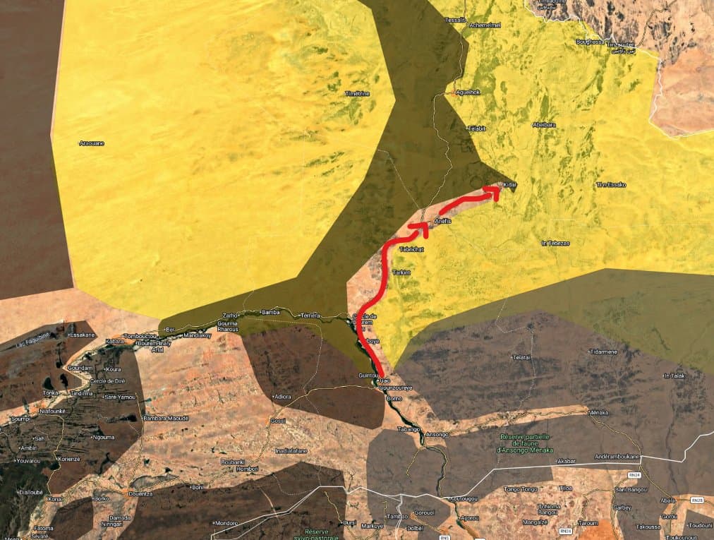 Route of the advance on the city of Kidal, Mali. October 6, 2026. Map: Clément Molin