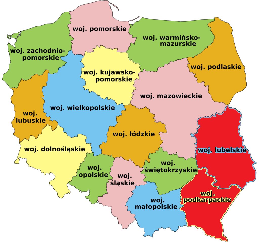 Люблінське та Підкарпатське воєводства, виділені на карті червоним. Малюнок: Tomasz «odder» Kozlowski